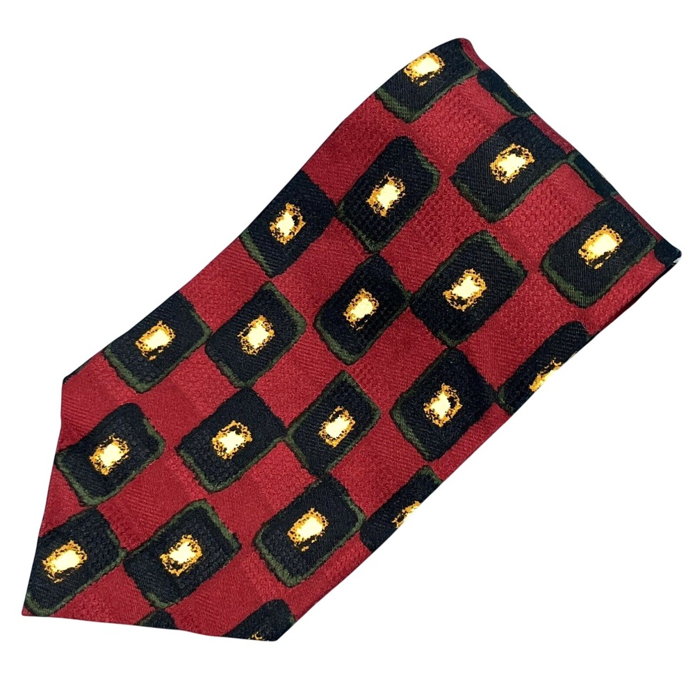 JZ RICHARDS Maroon/Black RECTANGLE BOX PRINT Hand Made 100% SILK Men's Neck Tie